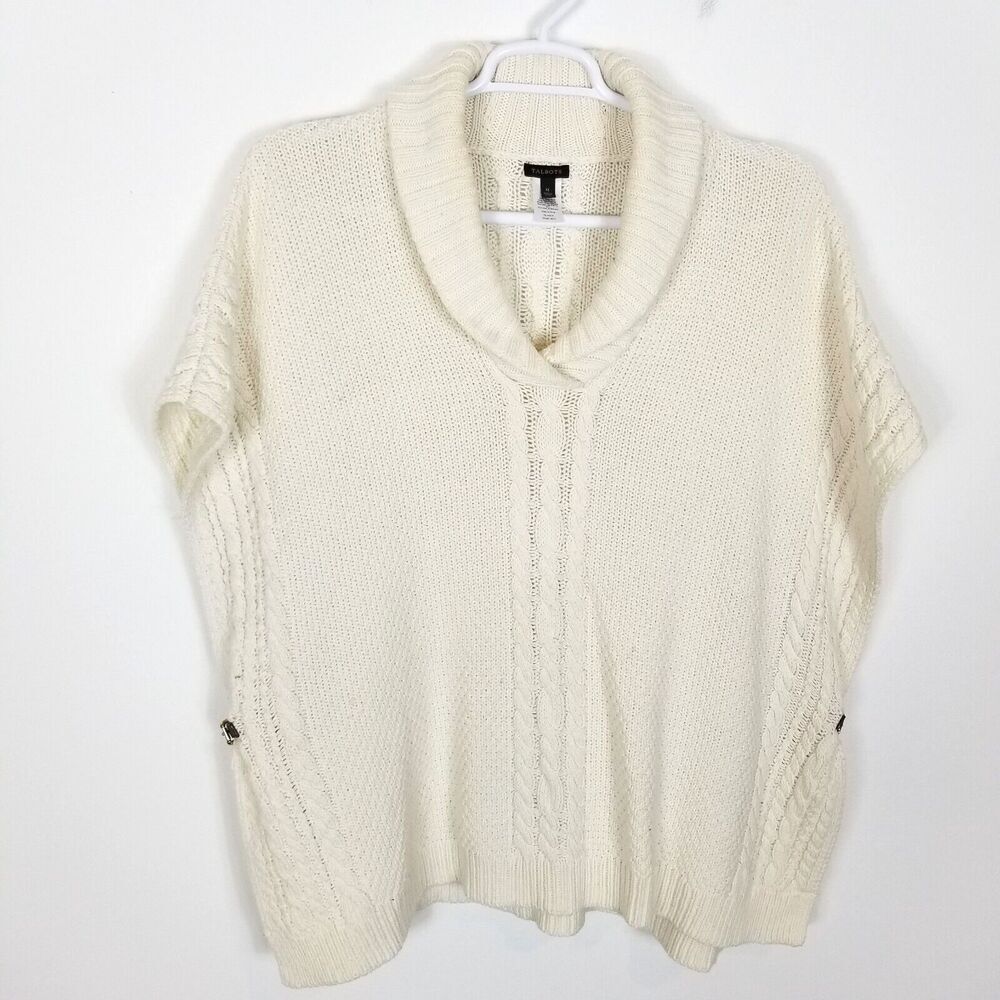 Talbots Women Cable Knit Poncho Sweater Size M White Cotton Wool